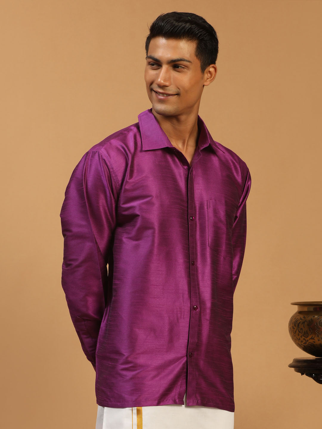 Men's Purple Silk Blend Straight Ethnic Shirt
