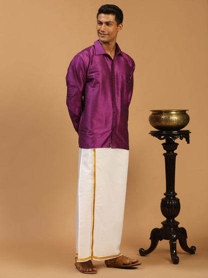 Men's Purple Silk Blend Straight Shirt And Mundu