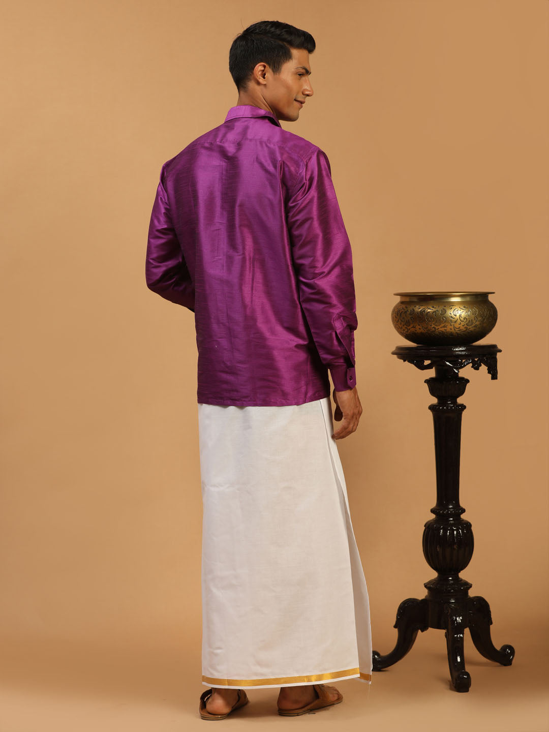 Men's Purple Silk Blend Straight Shirt And Mundu