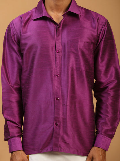 Men's Purple Silk Blend Straight Shirt And Mundu
