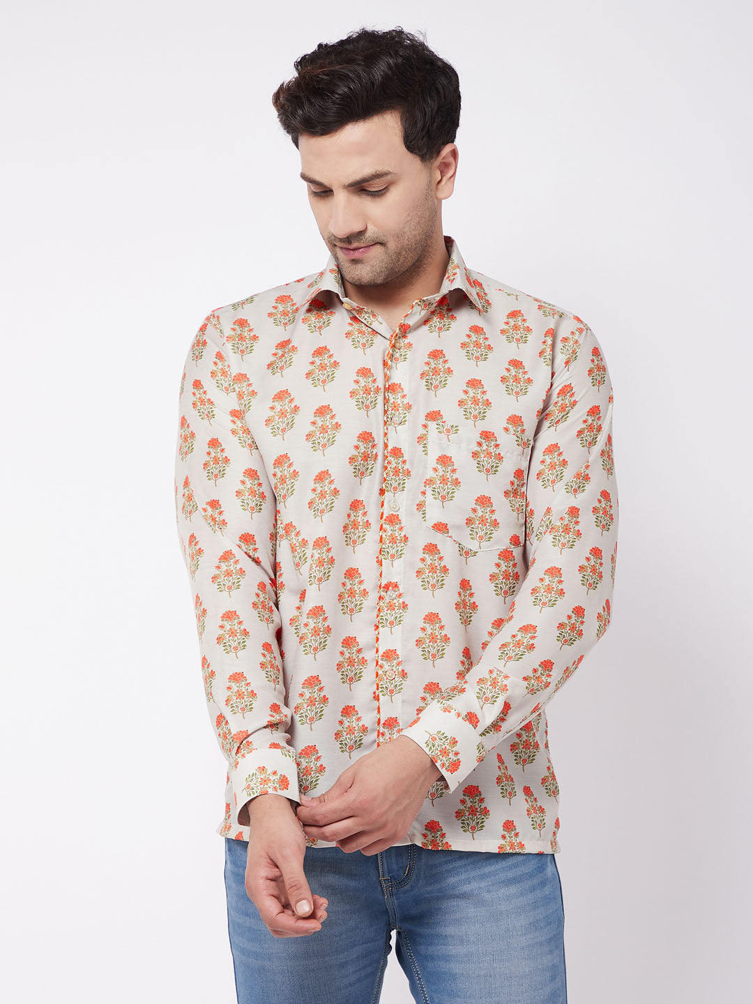 Men's MulticolorBaseBeige Muslin Straight Ethnic Shirt