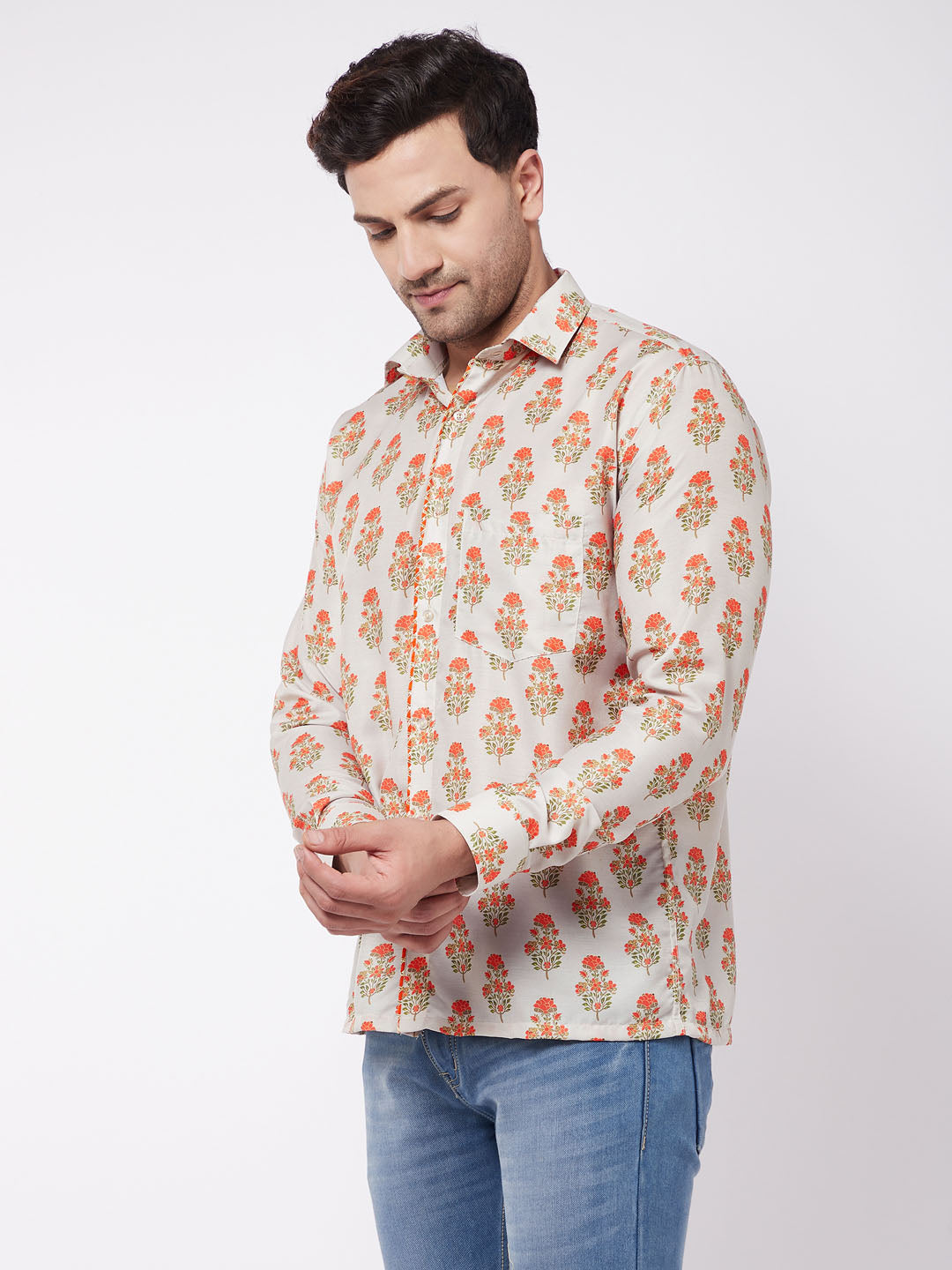 Men's MulticolorBaseBeige Muslin Straight Ethnic Shirt