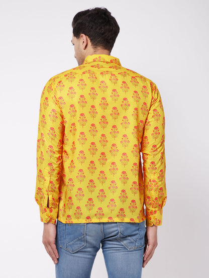 Men's MulticolorBaseMustard Muslin Straight Ethnic Shirt