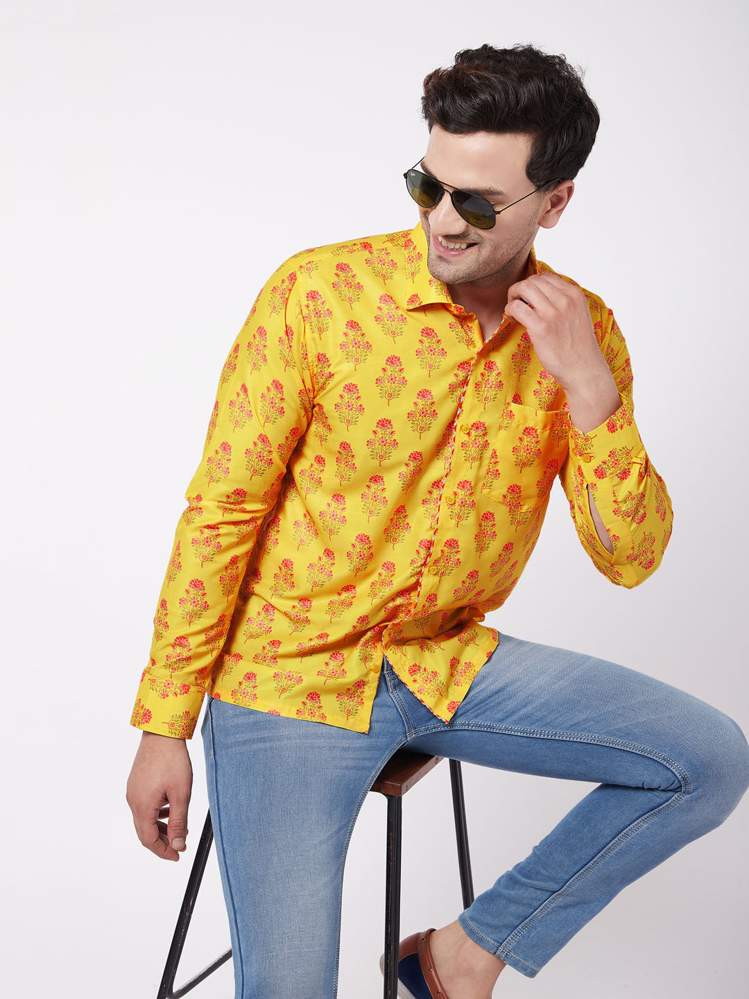 Men's MulticolorBaseMustard Muslin Straight Ethnic Shirt