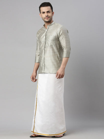 Men's Beige Silk Blend Straight Shirt And Mundu
