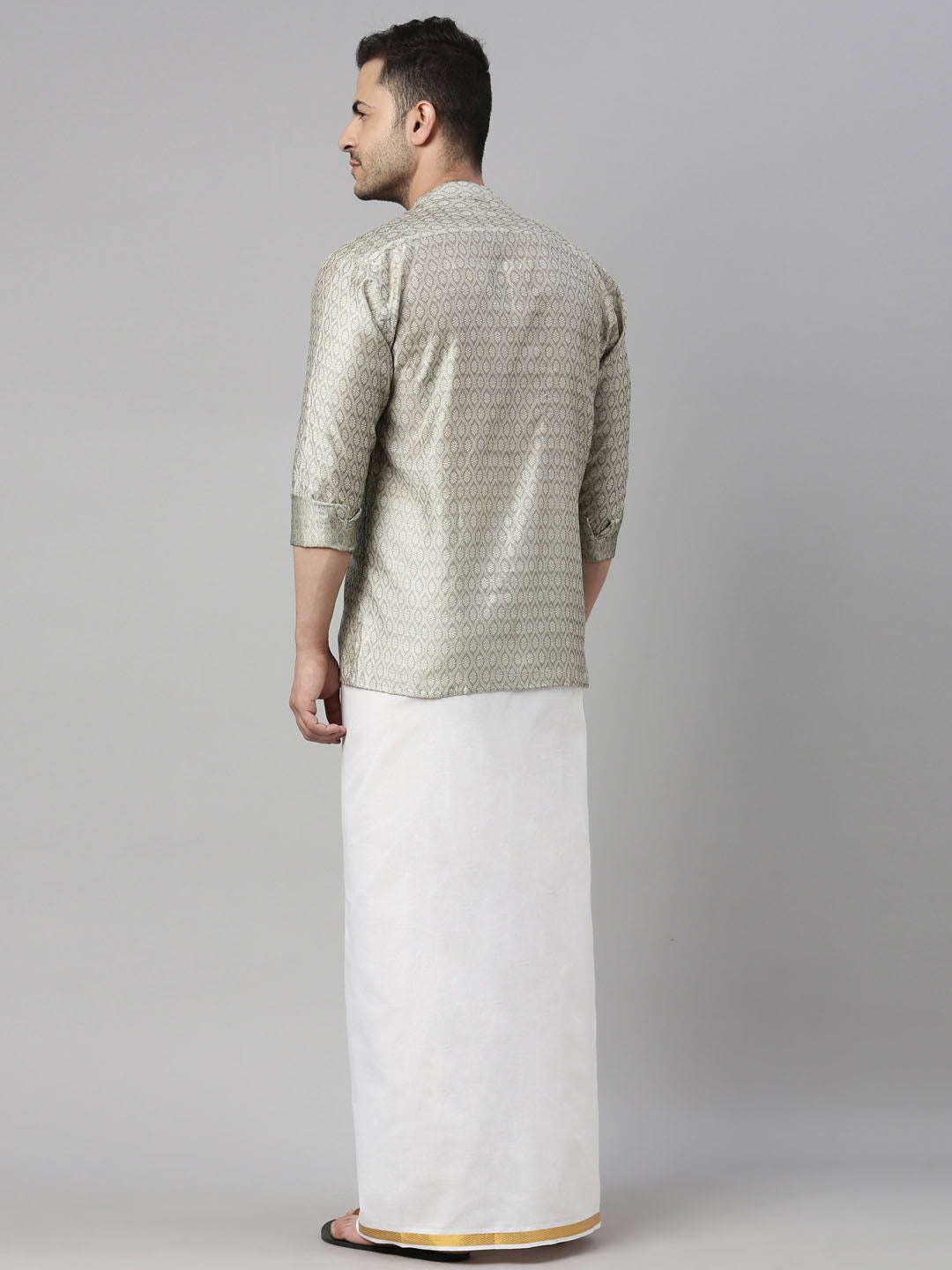 Men's Beige Silk Blend Straight Shirt And Mundu