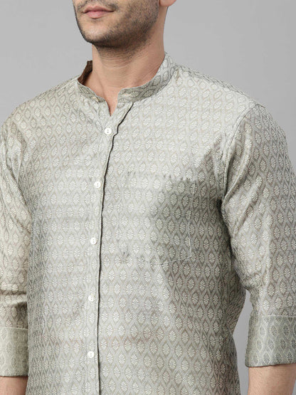 Men's Beige Silk Blend Straight Shirt And Mundu