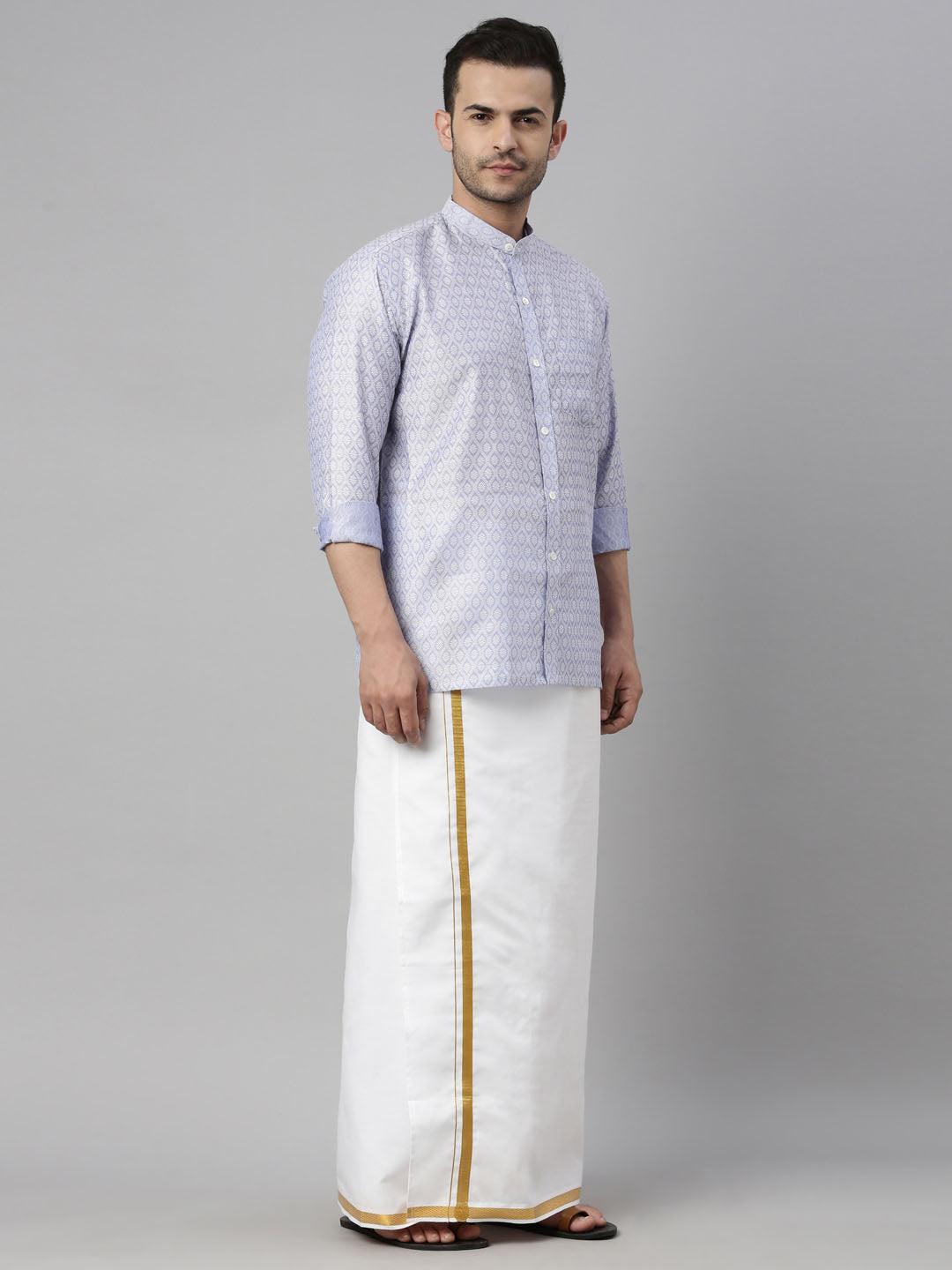 Men's Blue Silk Blend Straight Shirt And Mundu
