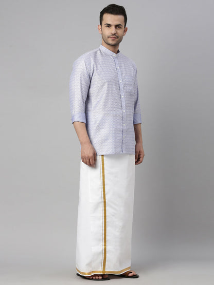 Men's Blue Silk Blend Straight Shirt And Mundu