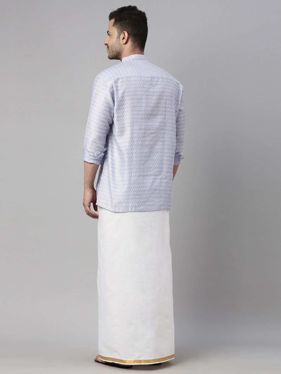 Men's Blue Silk Blend Straight Shirt And Mundu