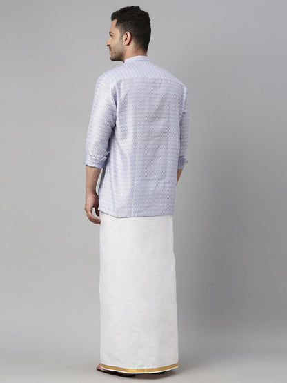 Men's Blue Silk Blend Straight Shirt And Mundu
