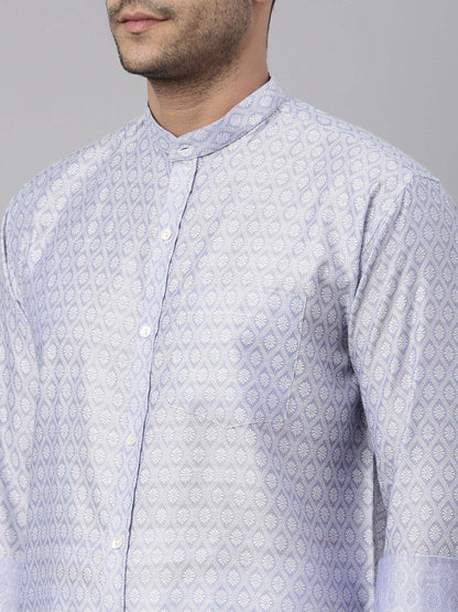 Men's Blue Silk Blend Straight Shirt And Mundu