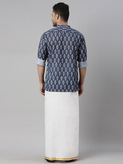 Men's Grey Cotton Blend Straight Shirt And Mundu