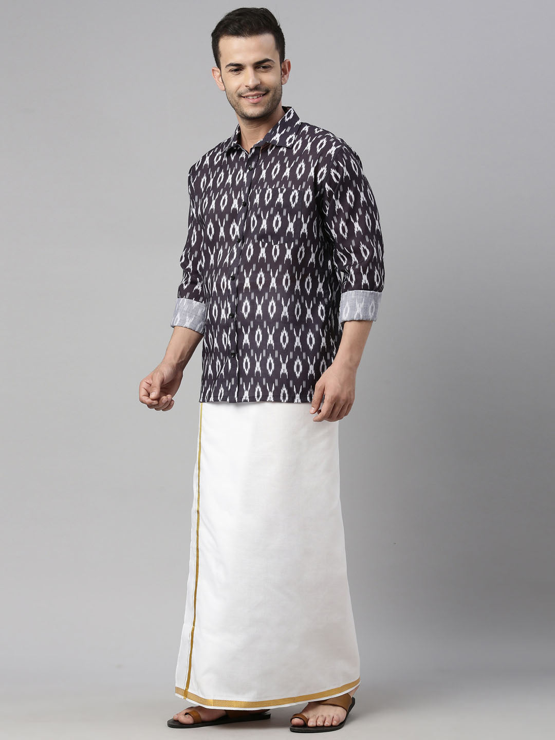 Men's Black Cotton Blend Straight Shirt And Mundu