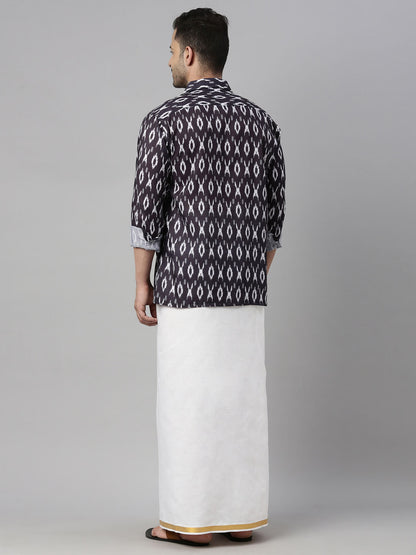 Men's Black Cotton Blend Straight Shirt And Mundu