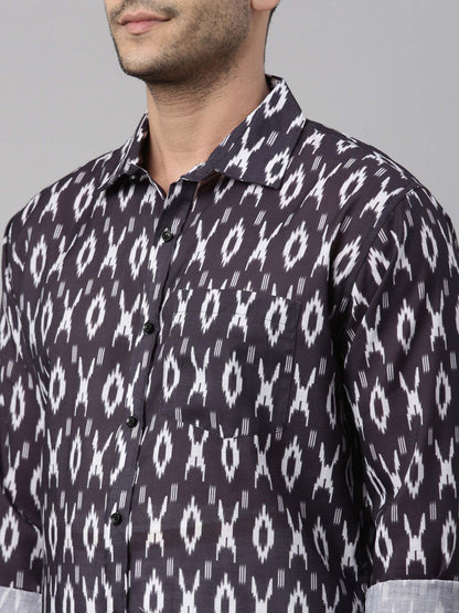 Men's Black Cotton Blend Straight Shirt And Mundu