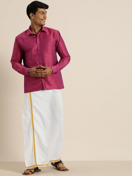 Men's Purple Raw Silk Straight Shirt And Mundu