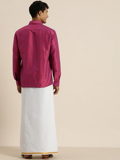 Men's Purple Raw Silk Straight Shirt And Mundu