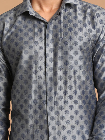 Men's Grey Viscose Blend Straight Shirt And Mundu