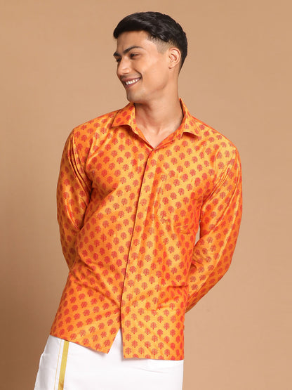 Men's Orange Viscose Blend Straight Shirt And Mundu