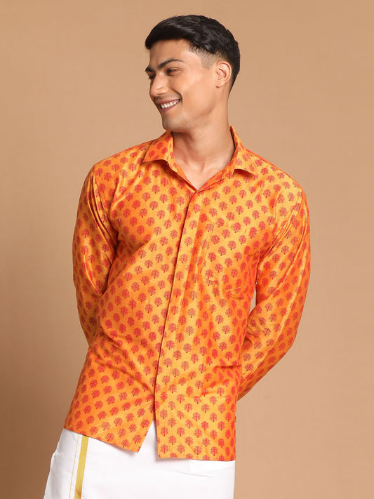 Men's Orange Viscose Blend Straight Shirt And Mundu