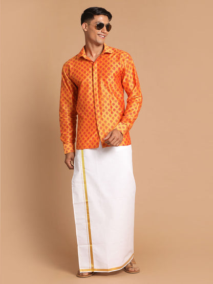 Men's Orange Viscose Blend Straight Shirt And Mundu