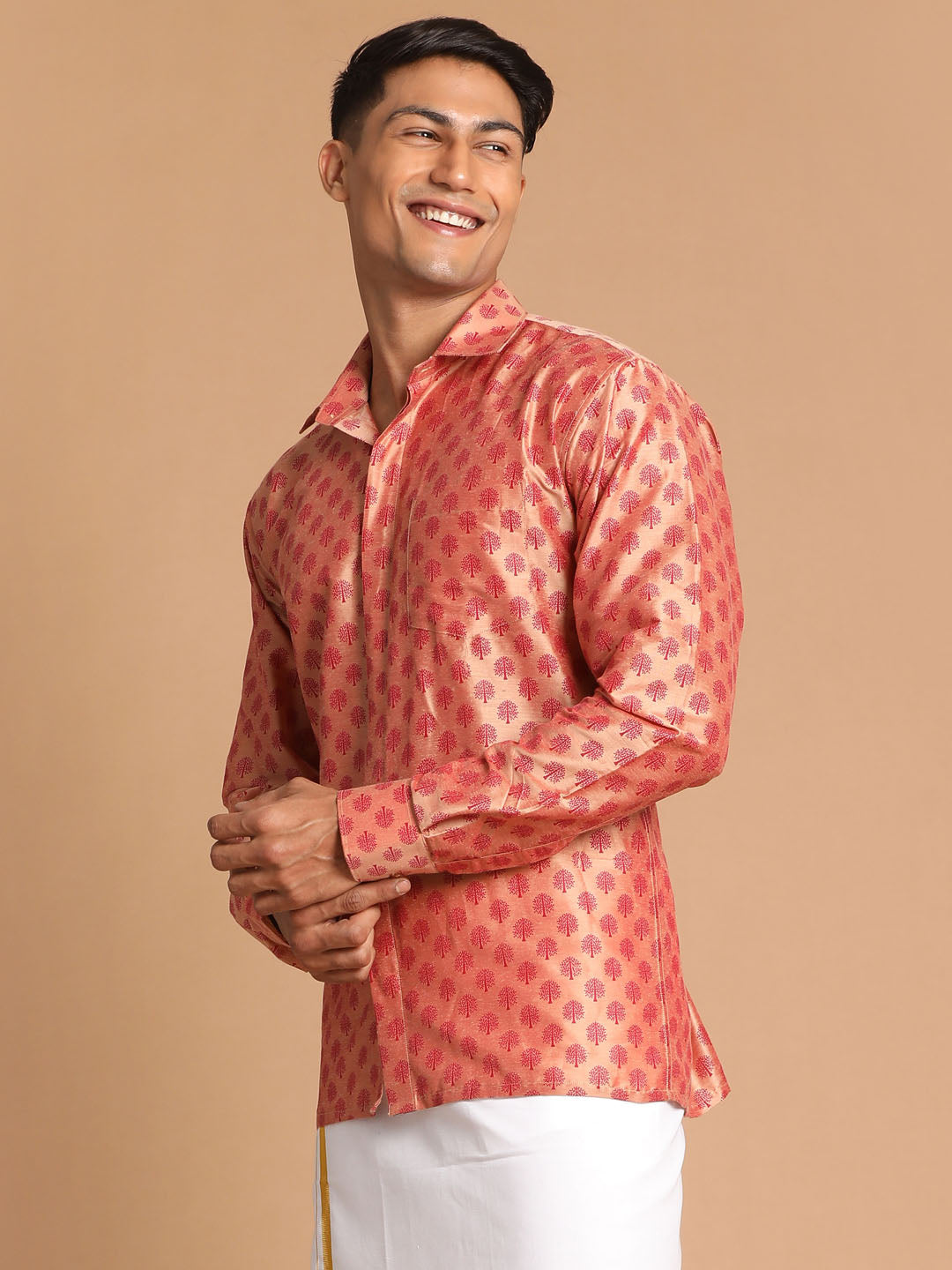 Men's Pink Viscose Blend Straight Shirt And Mundu