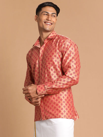 Men's Pink Viscose Blend Straight Shirt And Mundu