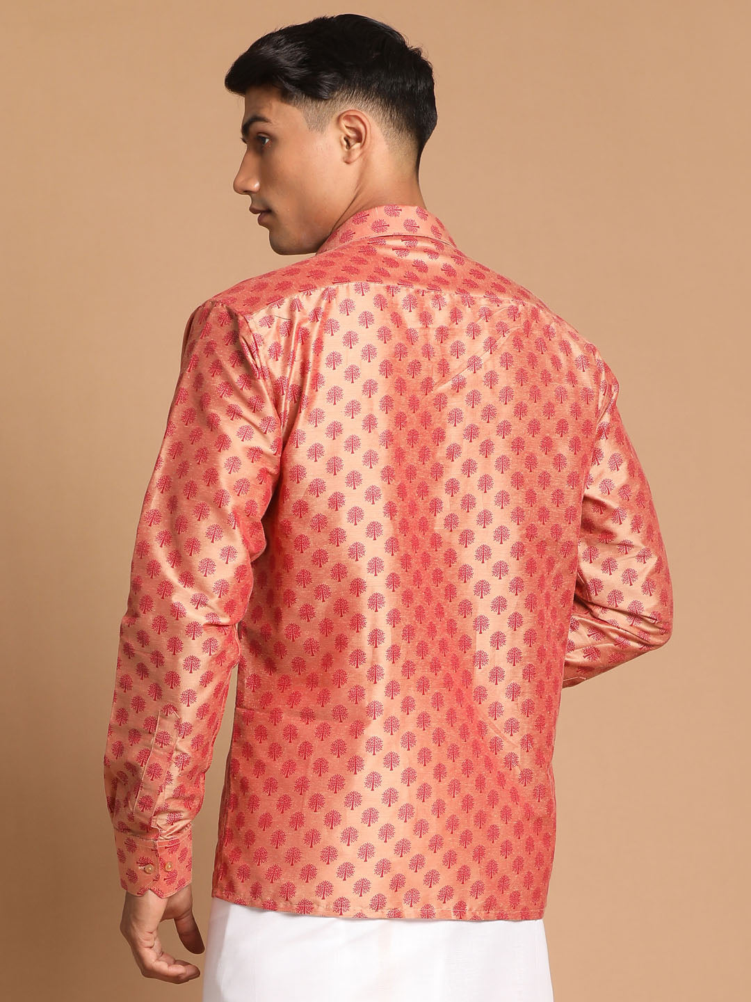 Men's Pink Viscose Blend Straight Shirt And Mundu