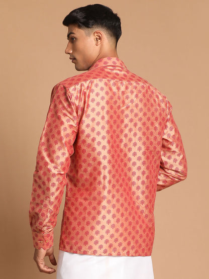 Men's Pink Viscose Blend Straight Shirt And Mundu
