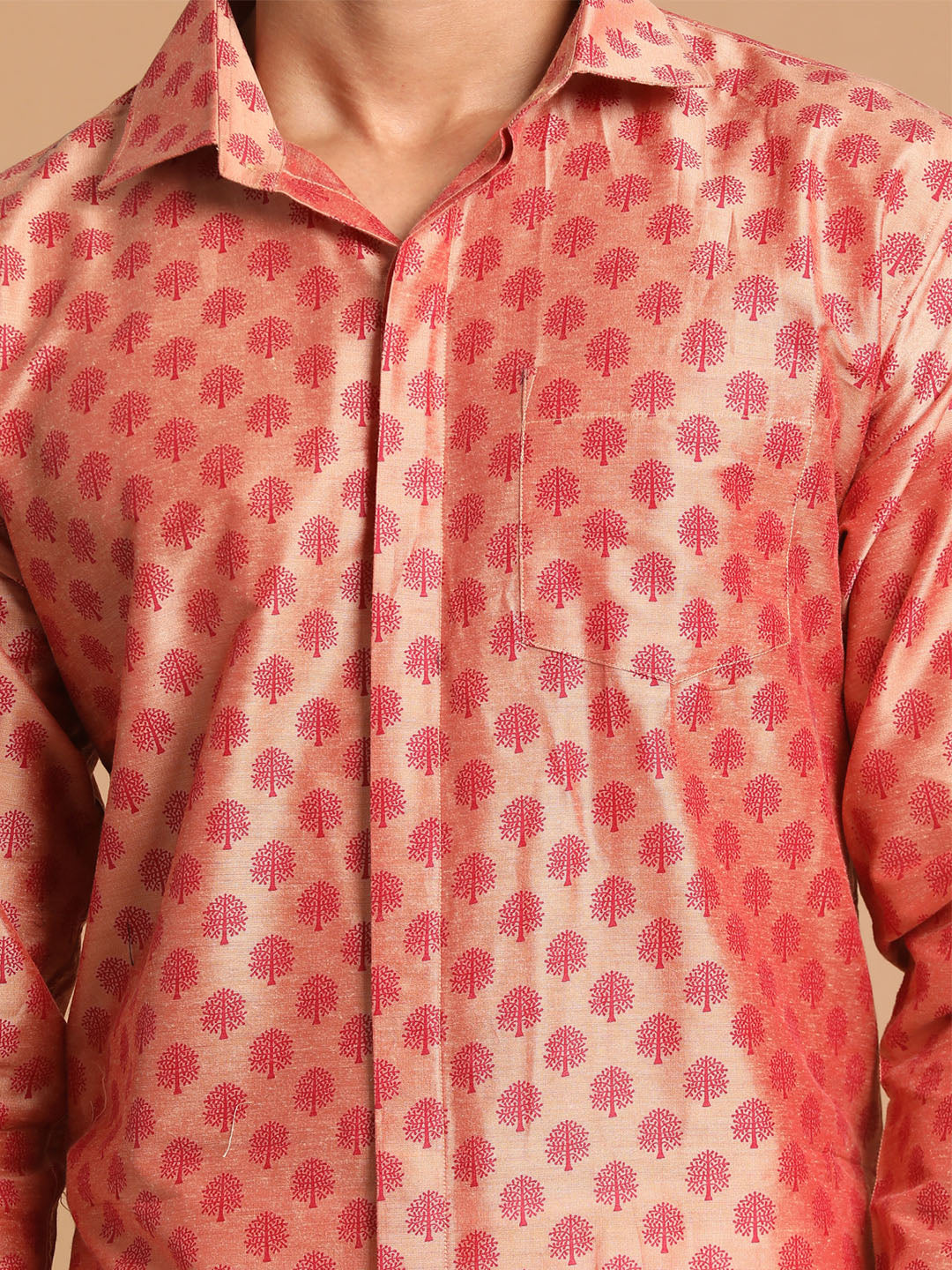 Men's Pink Viscose Blend Straight Shirt And Mundu
