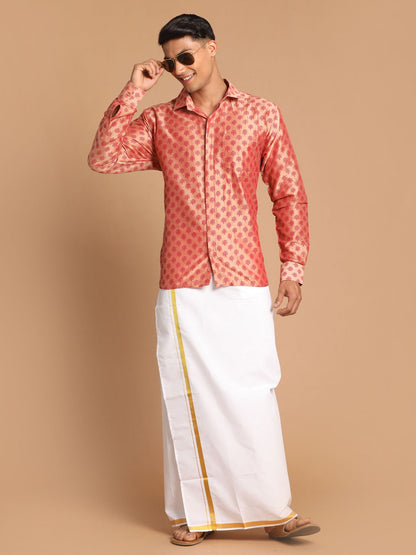 Men's Pink Viscose Blend Straight Shirt And Mundu