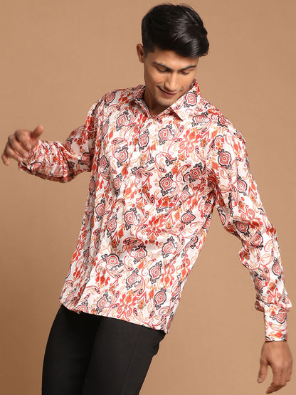 Men's MulticoloredBaseCream Satin Straight Ethnic Shirt