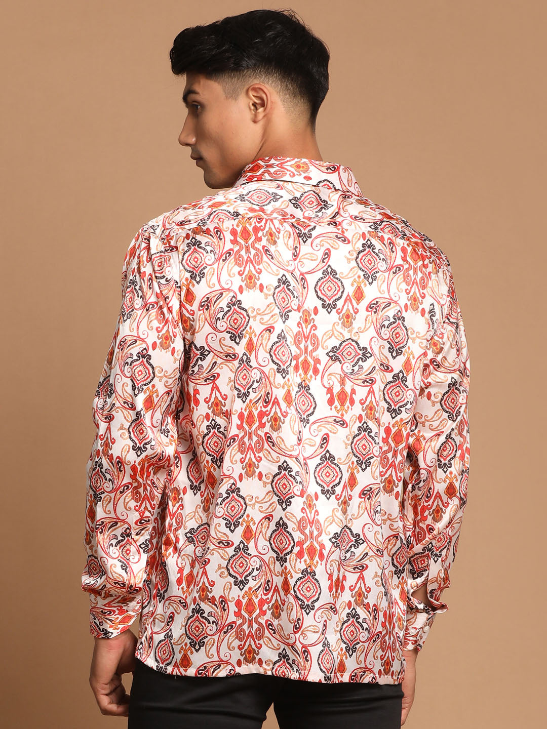 Men's MulticoloredBaseCream Satin Straight Ethnic Shirt