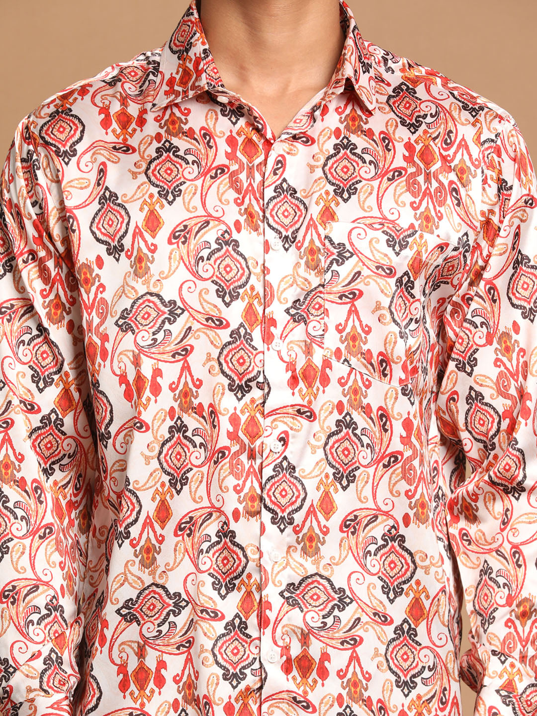 Men's MulticoloredBaseCream Satin Straight Ethnic Shirt