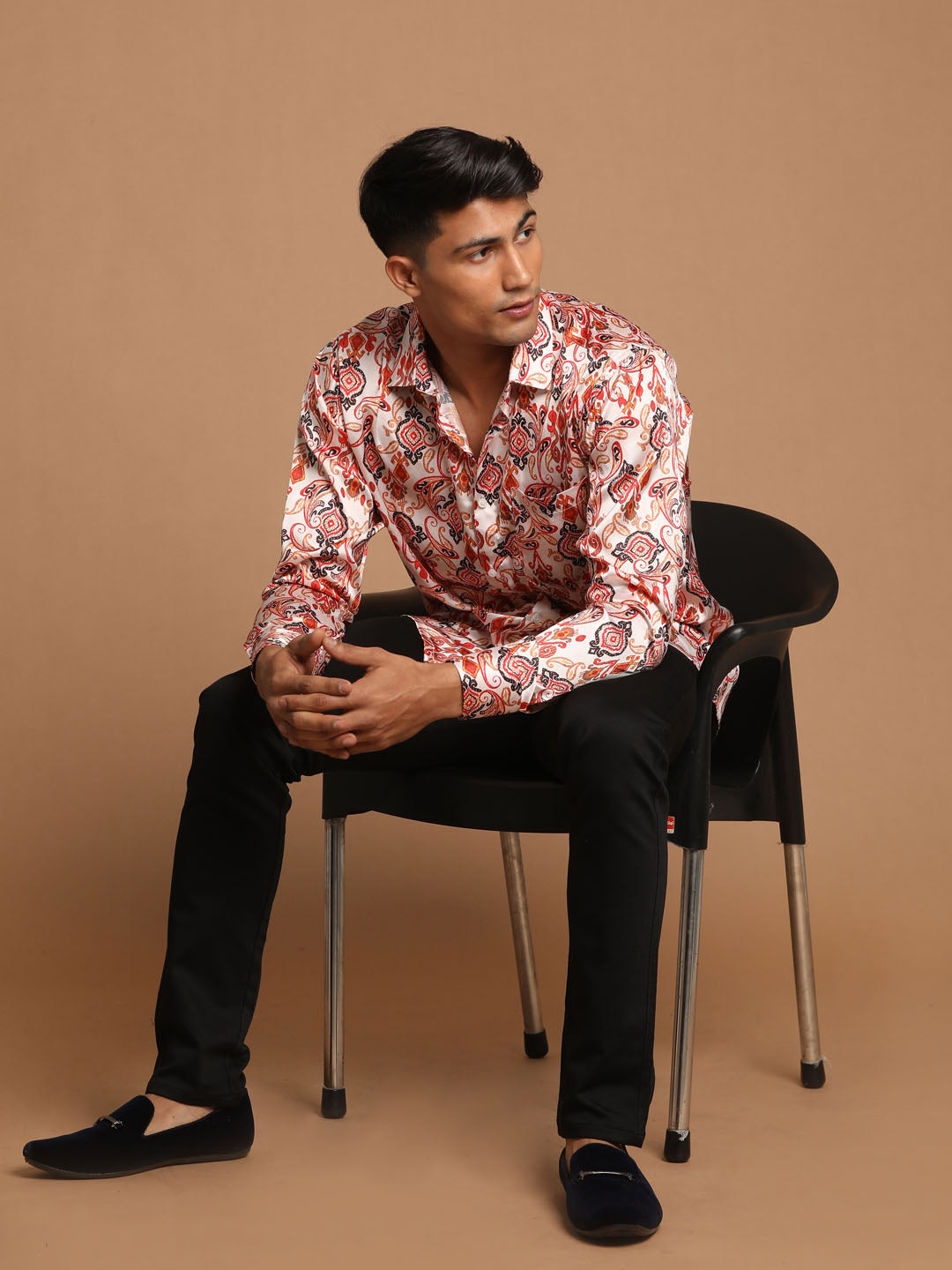 Men's MulticoloredBaseCream Satin Straight Ethnic Shirt