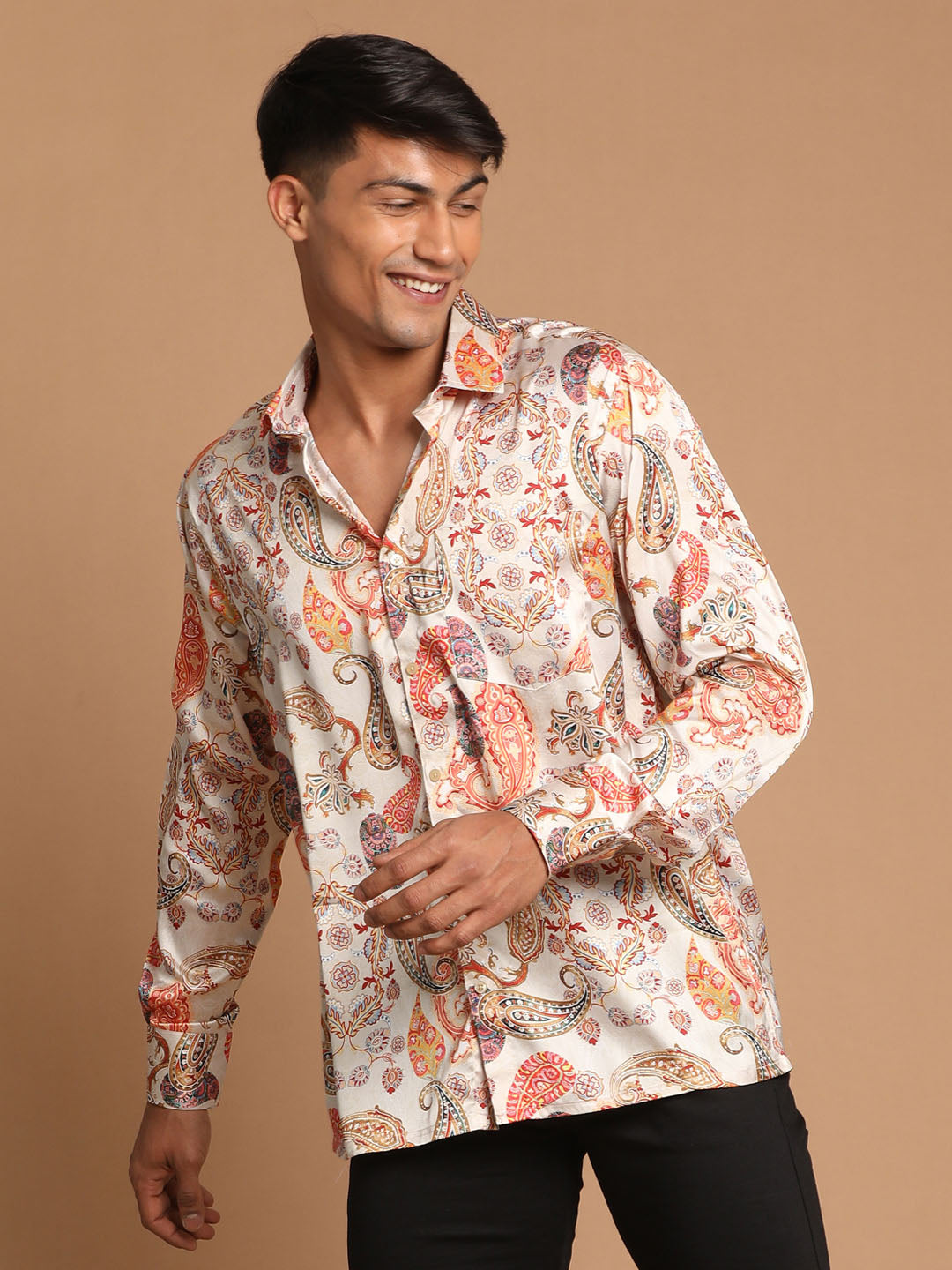 Men's MulticoloredBaseBeige Satin Straight Ethnic Shirt