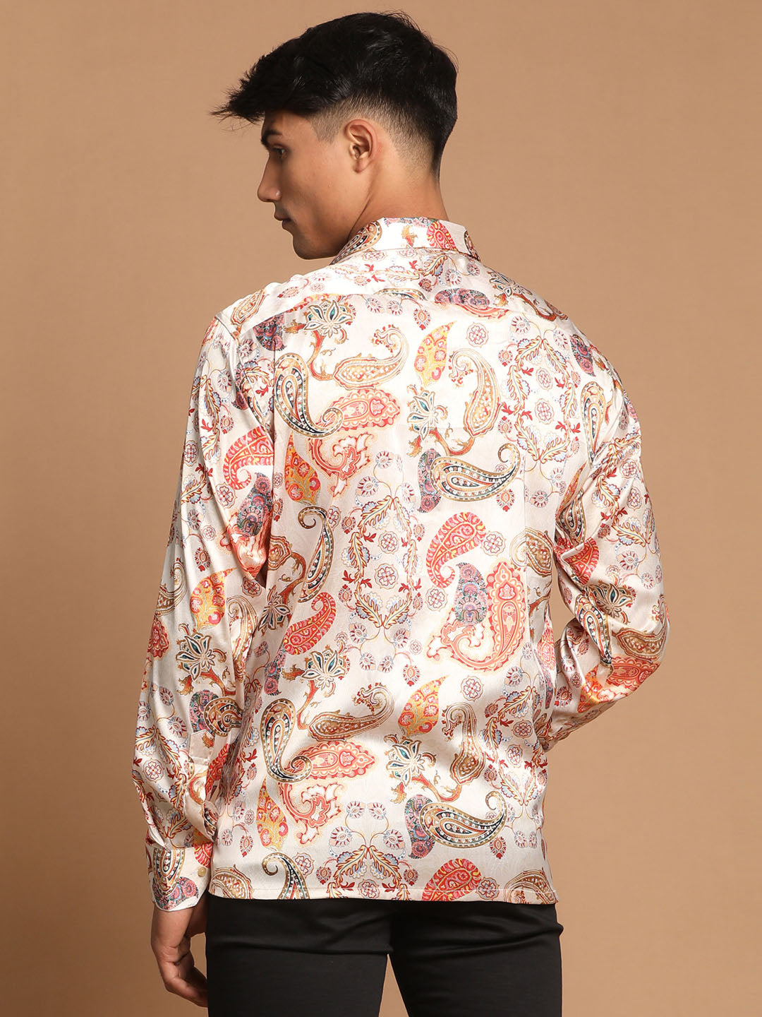 Men's MulticoloredBaseBeige Satin Straight Ethnic Shirt