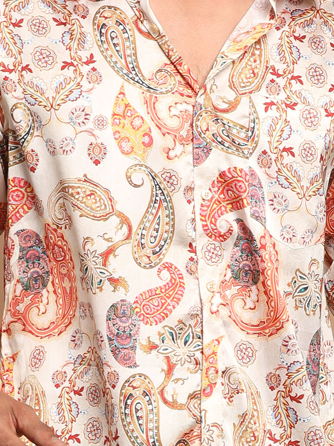 Men's MulticoloredBaseBeige Satin Straight Ethnic Shirt
