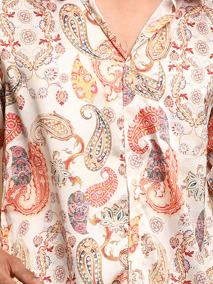 Men's MulticoloredBaseBeige Satin Straight Ethnic Shirt
