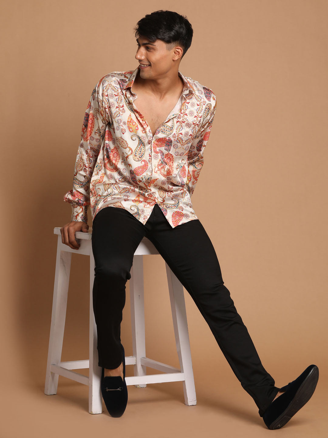 Men's MulticoloredBaseBeige Satin Straight Ethnic Shirt