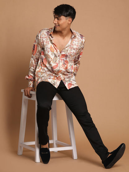 Men's MulticoloredBaseBeige Satin Straight Ethnic Shirt