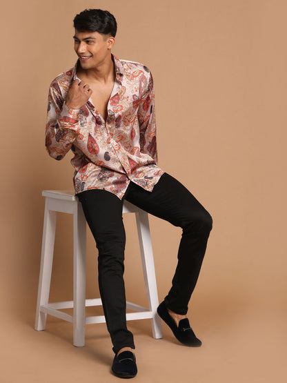 Men's MulticoloredBaseBrown Satin Straight Ethnic Shirt