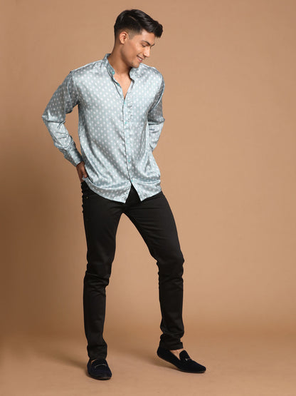 Men's Grey Satin Straight Ethnic Shirt