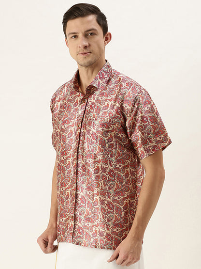 Men's MulticolorBasePink Silk Blend Straight Shirt And Mundu