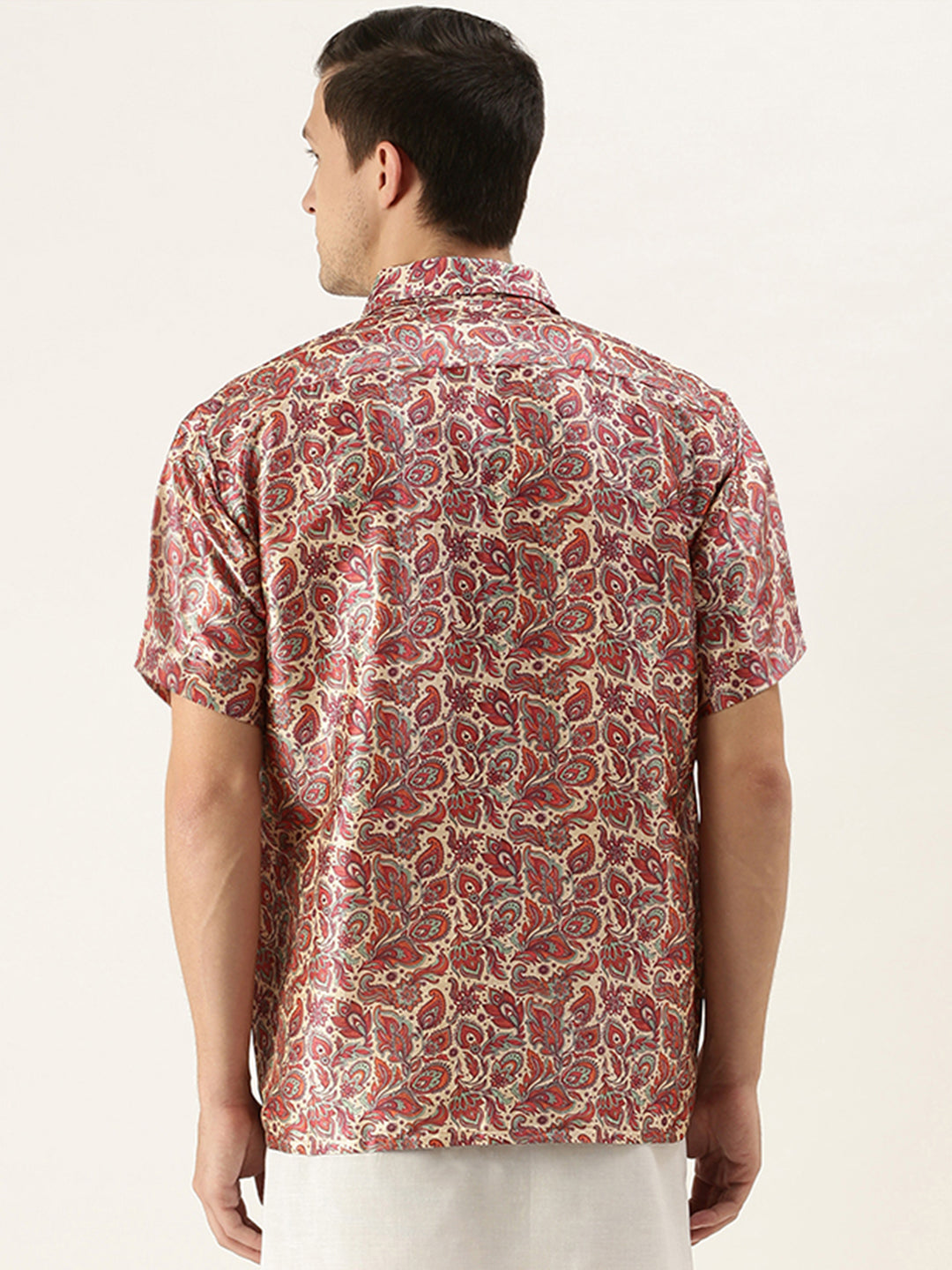 Men's MulticolorBasePink Silk Blend Straight Shirt And Mundu