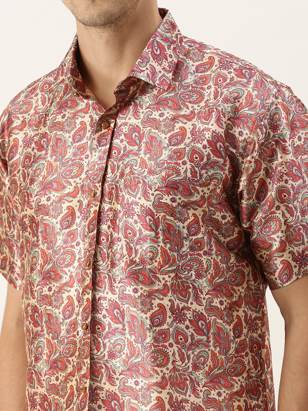 Men's MulticolorBasePink Silk Blend Straight Shirt And Mundu