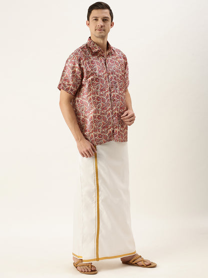 Men's MulticolorBasePink Silk Blend Straight Shirt And Mundu