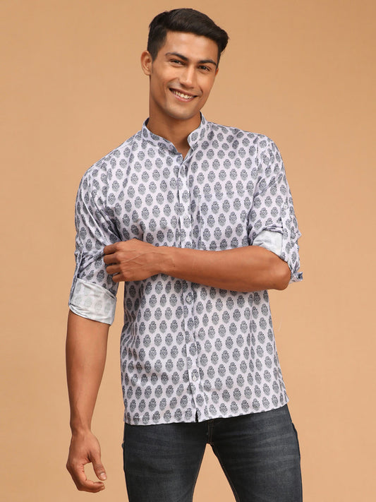 Men's Grey Cotton Blend Straight Ethnic Shirt