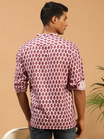 Men's Pink Muslin Straight Ethnic Shirt